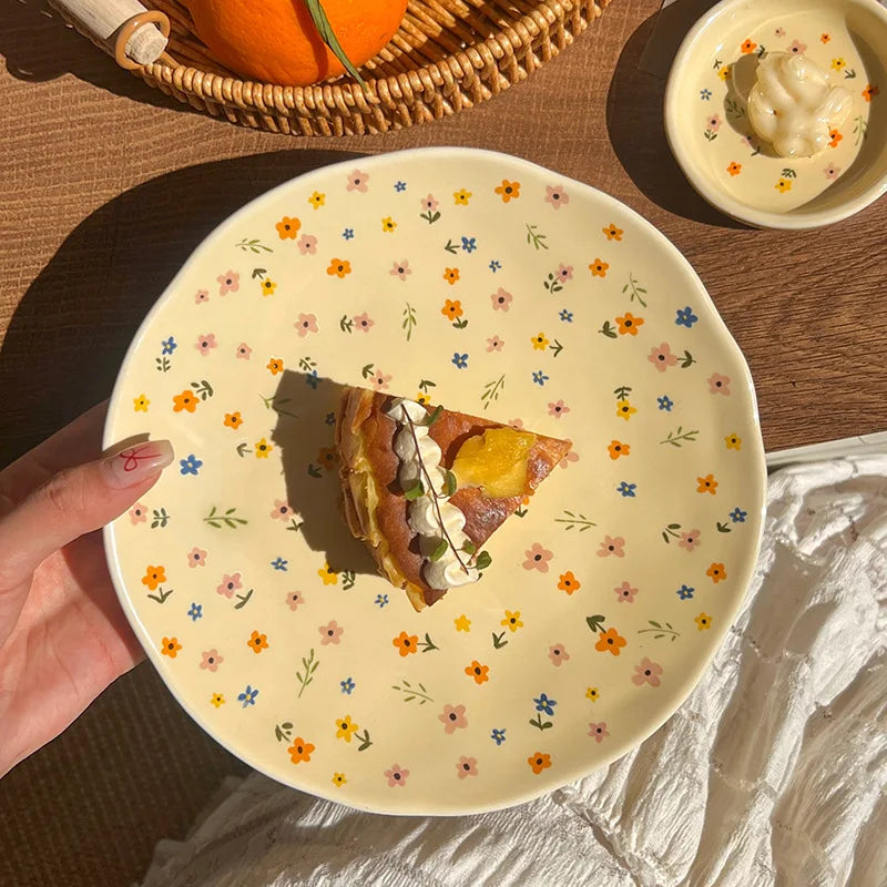 Korean Ceramic Bowl Dish with Fresh Flower Design INS Style High Appearance Level Home Domestic Rice Dish Fruit Salad Bowl