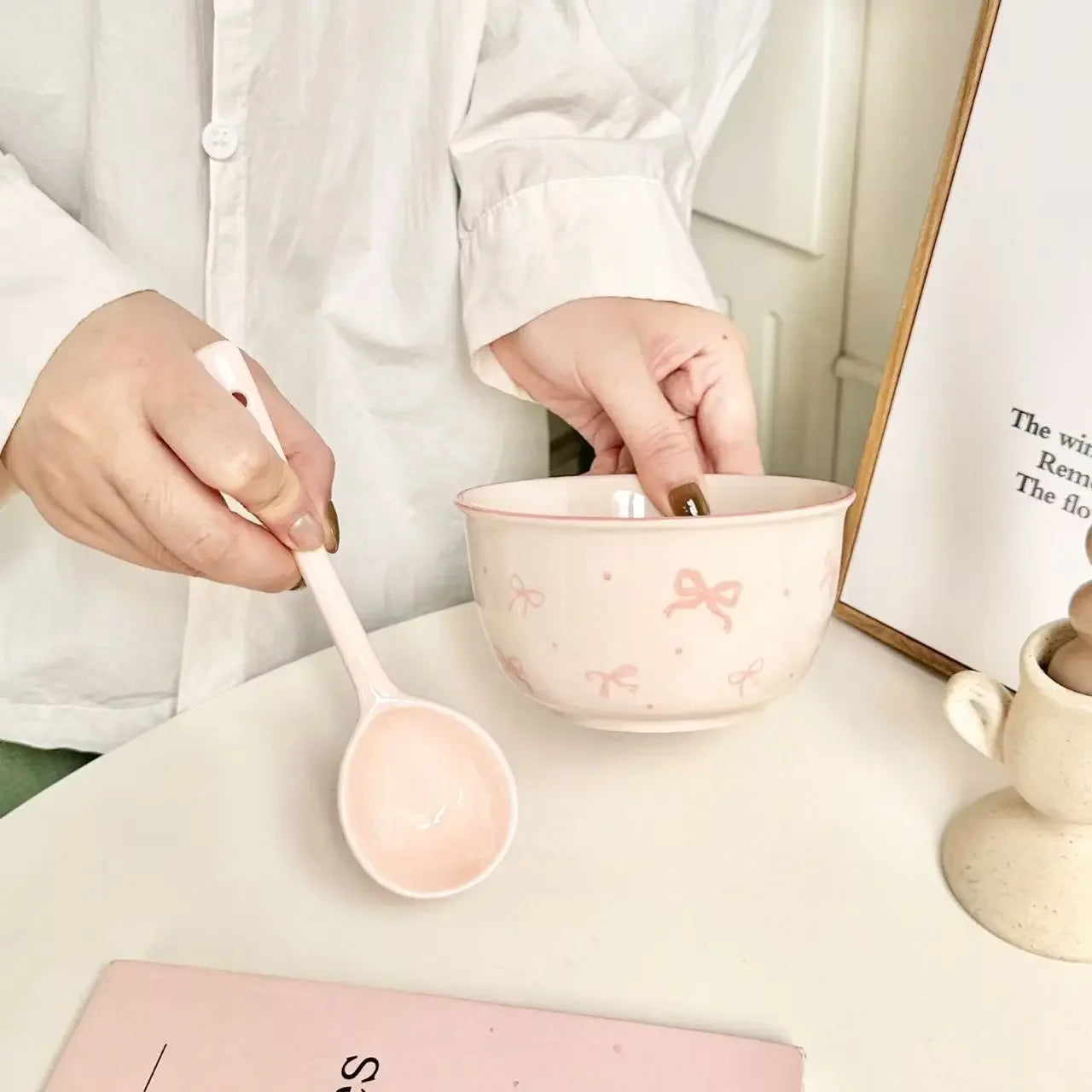 Pink Bow Rice Bowl,Ceramic Bowls Spoons Plates Underglaze Color High Value Tableware Dessert Bowl Set Unique Serving Plate