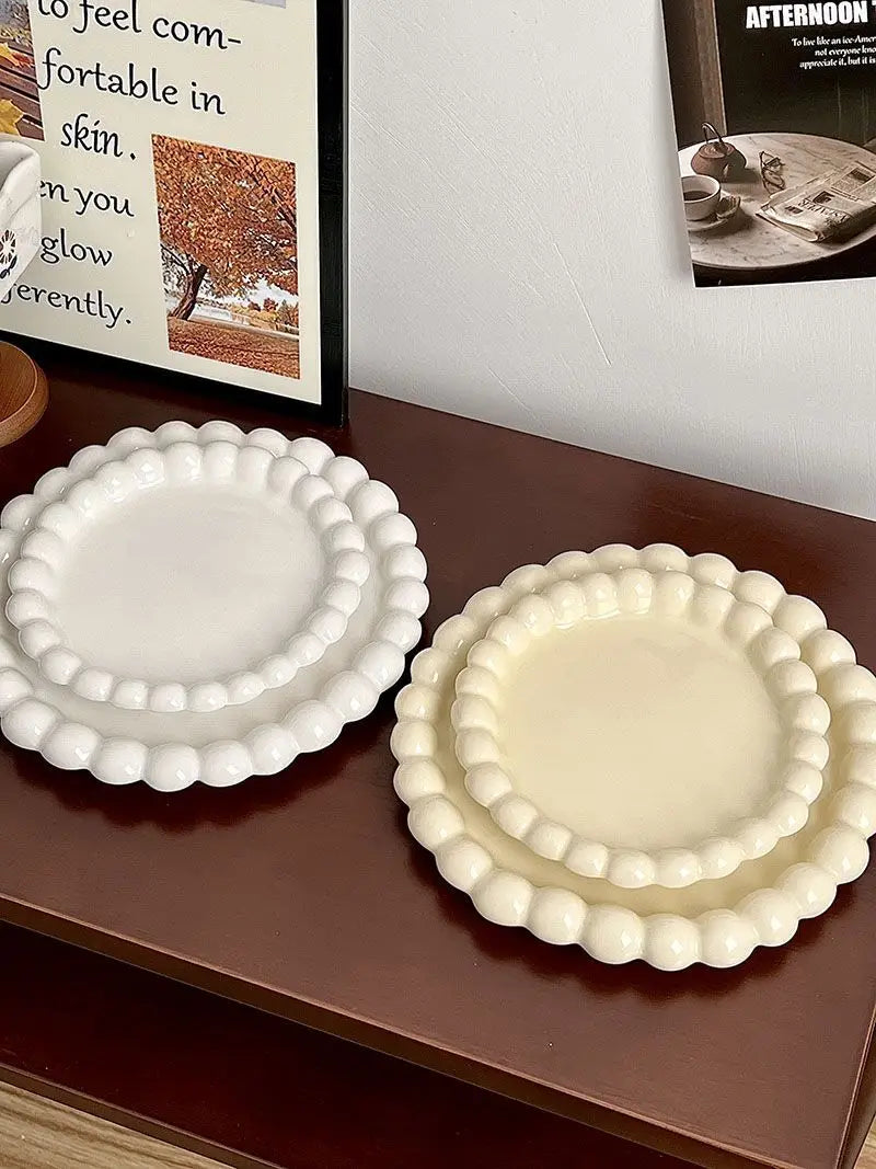 Cream Ins Ceramic Plate Bead Ordering Plate Milk Whisper Korean Wind Bead Edge Dessert Plate Breakfast Dish Home Tableware