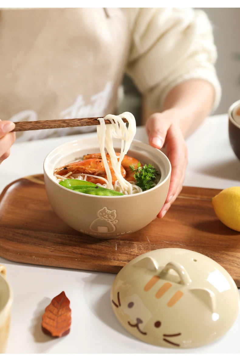 Japanese Cute Cat Cover Bowl Ceramic Soup Bowl Kawaii Instant Noodle Ramen Salad Baby Bowls Child Cartoon Decorative Dinnerware