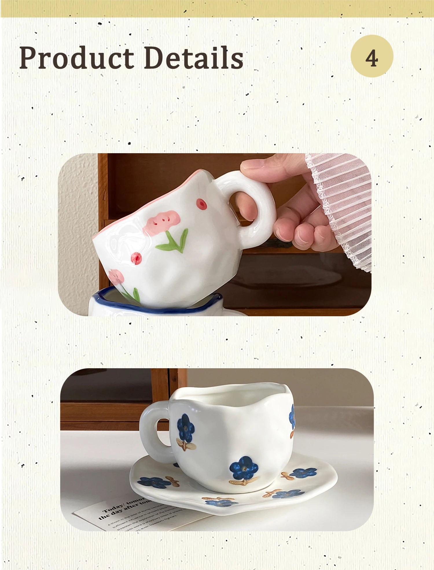 1Pc280Ml Original Design Scandinavian Style Hand-Kneaded Ceramic Coffee Cup and Saucer Multi-Color Plaid Heart Blue Sky and White Clouds Flower Mug Suitable for Afternoon Tea Milk Cup and Saucer Latte Cup Dessert Plate Cup an