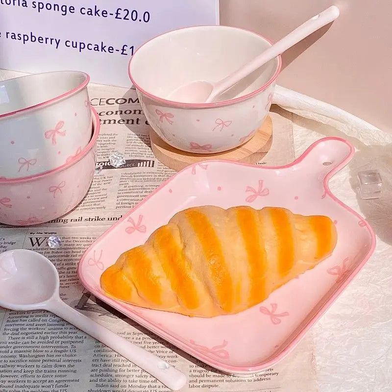Pink Bow Ceramic Cutlery Set, Dessert Home Tableware Ceramic Handle Bowl Yogurt Cup High Value Breakfast Plate Drinkware