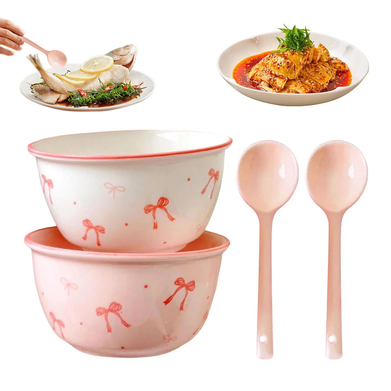 Ceramic Serving Bowls Spoon with Unique Underglaze Color Bowknot Pattern Suitable for Ice Cream Soup Rice
