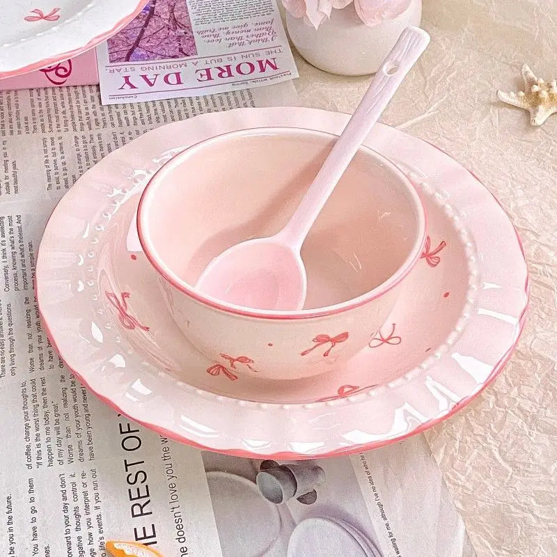 Korean Style Bowknot Underglaze Colored Bowl Plate Ceramic Dining Plate Home Salad Dessert Plate Household Art Tableware Set