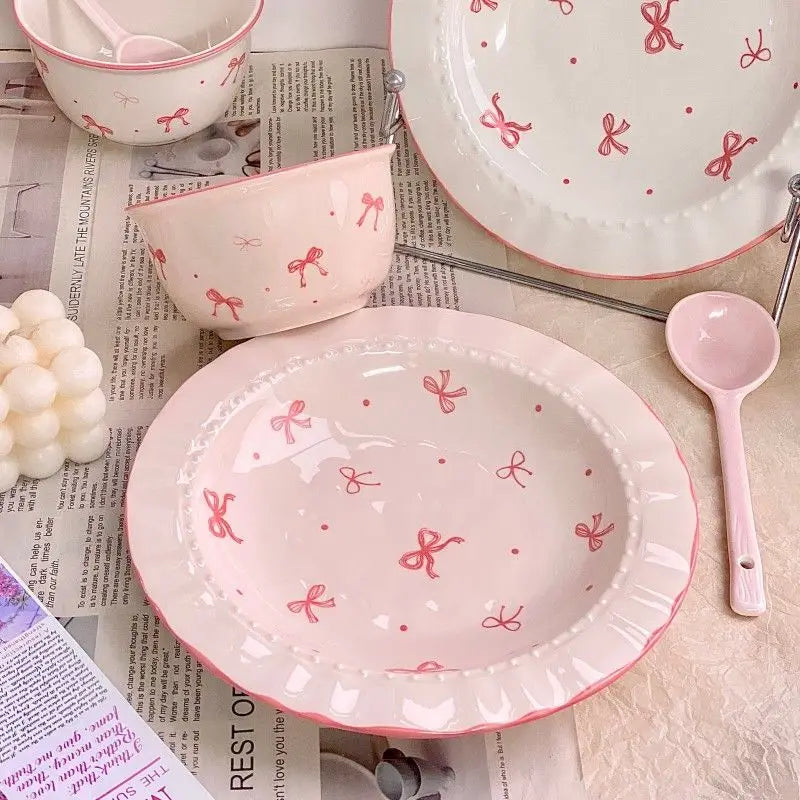 Korean Style Bowknot Underglaze Colored Bowl Plate Ceramic Dining Plate Home Salad Dessert Plate Household Art Tableware Set