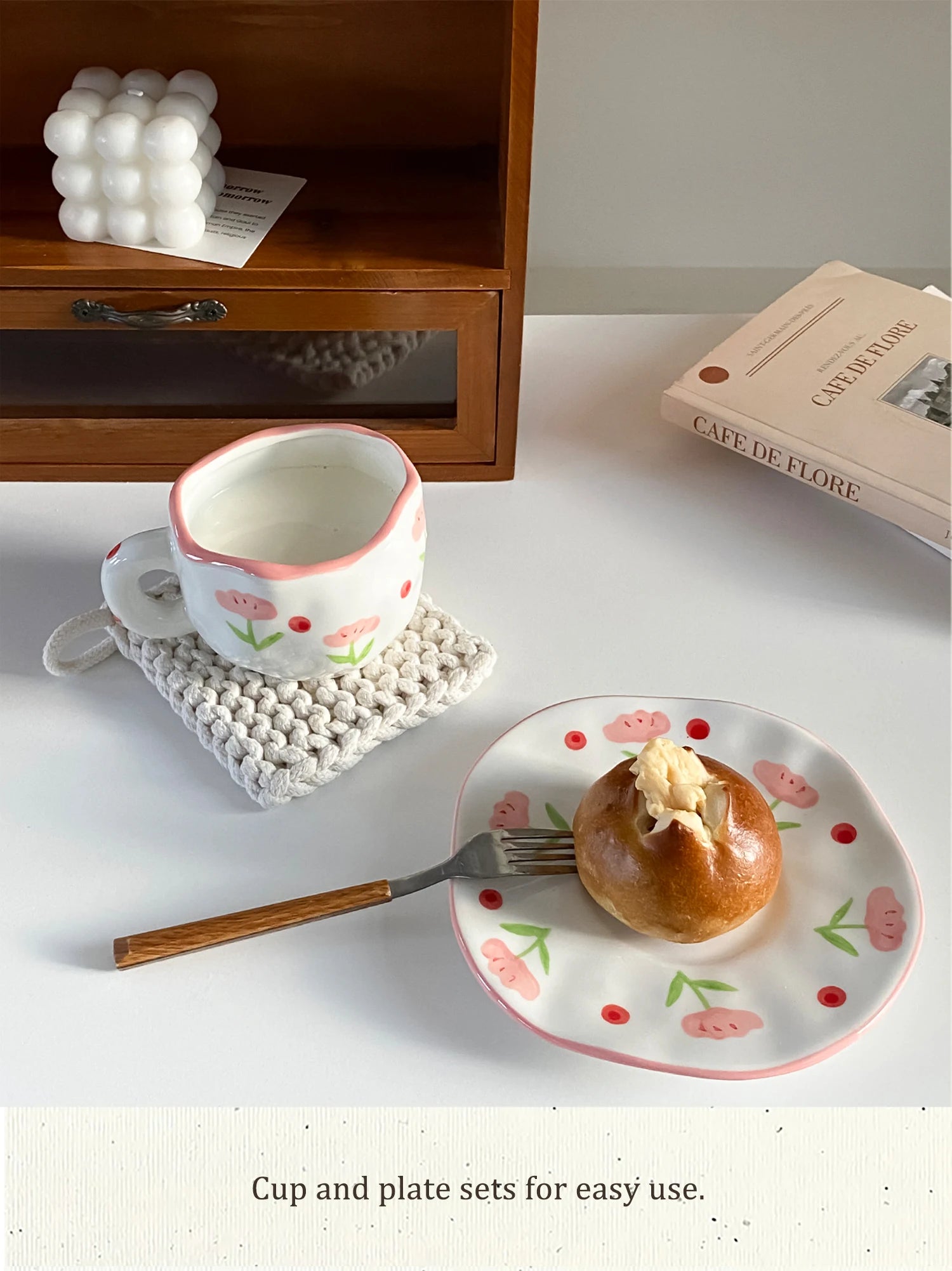 1Pc280Ml Original Design Scandinavian Style Hand-Kneaded Ceramic Coffee Cup and Saucer Multi-Color Plaid Heart Blue Sky and White Clouds Flower Mug Suitable for Afternoon Tea Milk Cup and Saucer Latte Cup Dessert Plate Cup an