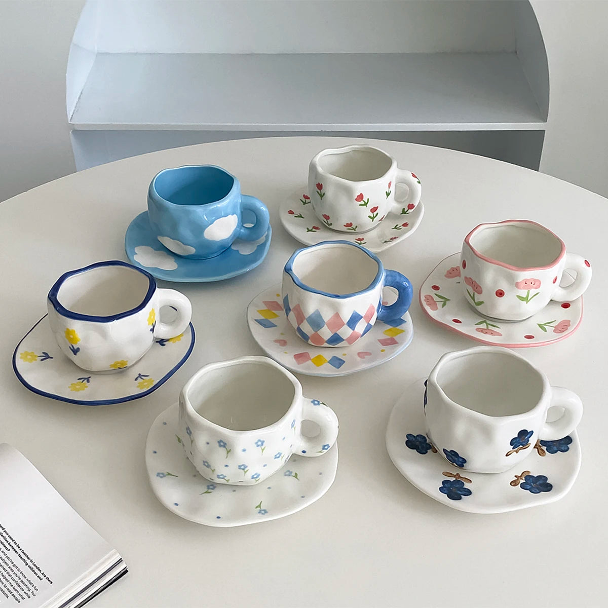1Pc280Ml Original Design Scandinavian Style Hand-Kneaded Ceramic Coffee Cup and Saucer Multi-Color Plaid Heart Blue Sky and White Clouds Flower Mug Suitable for Afternoon Tea Milk Cup and Saucer Latte Cup Dessert Plate Cup an