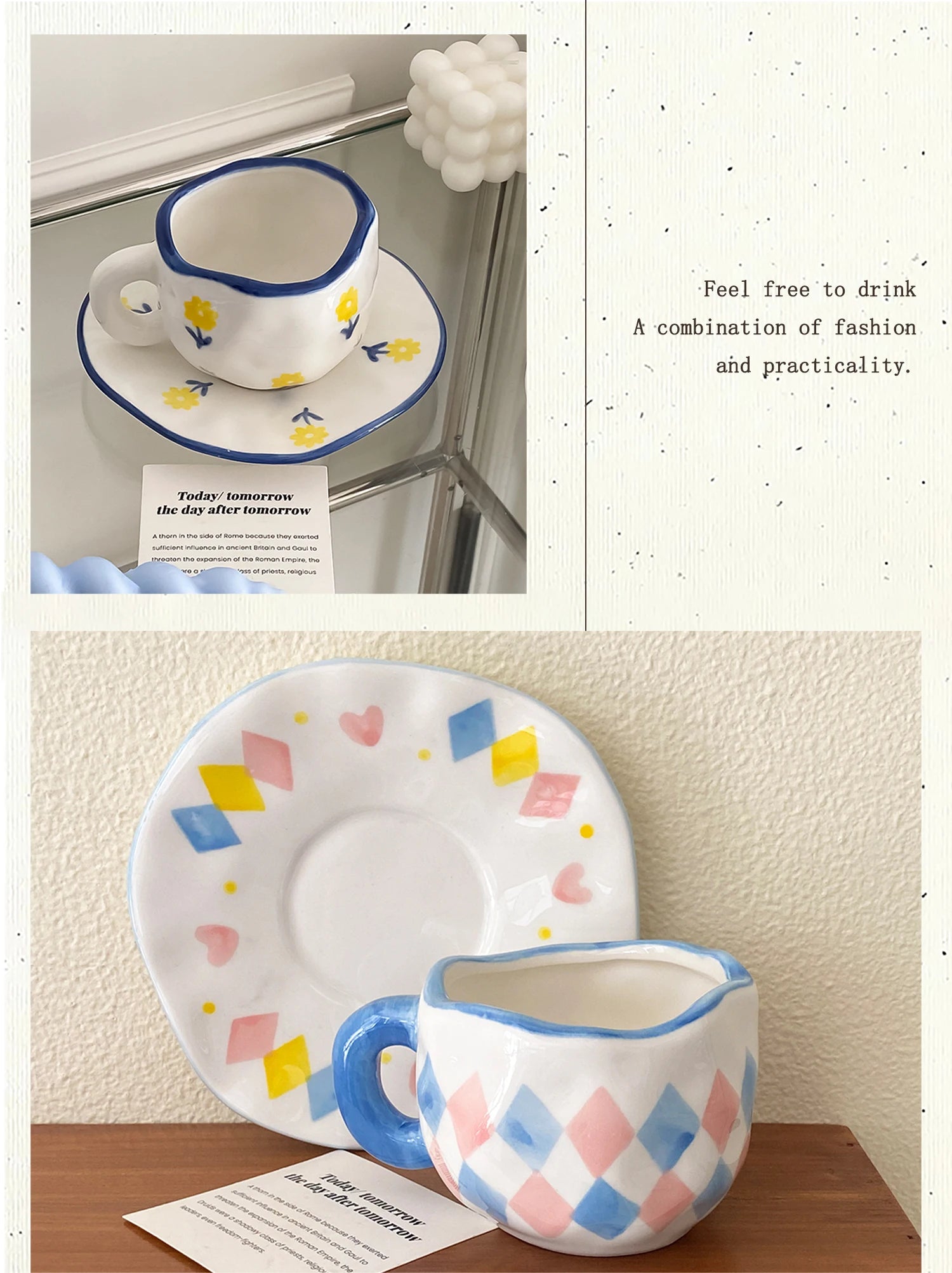 1Pc280Ml Original Design Scandinavian Style Hand-Kneaded Ceramic Coffee Cup and Saucer Multi-Color Plaid Heart Blue Sky and White Clouds Flower Mug Suitable for Afternoon Tea Milk Cup and Saucer Latte Cup Dessert Plate Cup an