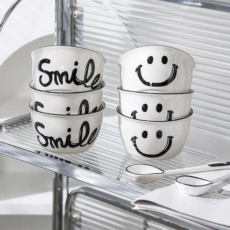 Smile Ceramic Bowl Rice Soup Salad Bowls White Plate Bowl Set Fruit Bowls Kitchen Household Supplies Nordic Korean Tableware