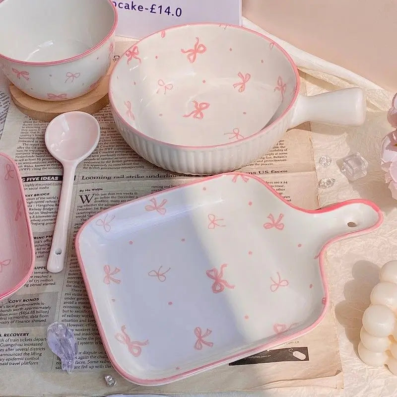 Pink Bow Ceramic Cutlery Set, Dessert Home Tableware Ceramic Handle Bowl Yogurt Cup High Value Breakfast Plate Drinkware