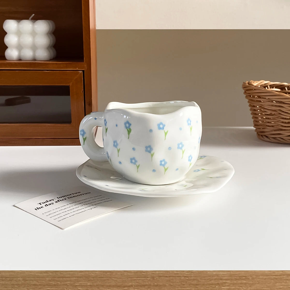 1Pc280Ml Original Design Scandinavian Style Hand-Kneaded Ceramic Coffee Cup and Saucer Multi-Color Plaid Heart Blue Sky and White Clouds Flower Mug Suitable for Afternoon Tea Milk Cup and Saucer Latte Cup Dessert Plate Cup an
