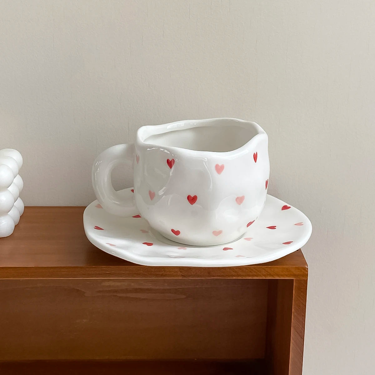 1Pc280Ml Original Design Scandinavian Style Hand-Kneaded Ceramic Coffee Cup and Saucer Multi-Color Plaid Heart Blue Sky and White Clouds Flower Mug Suitable for Afternoon Tea Milk Cup and Saucer Latte Cup Dessert Plate Cup an
