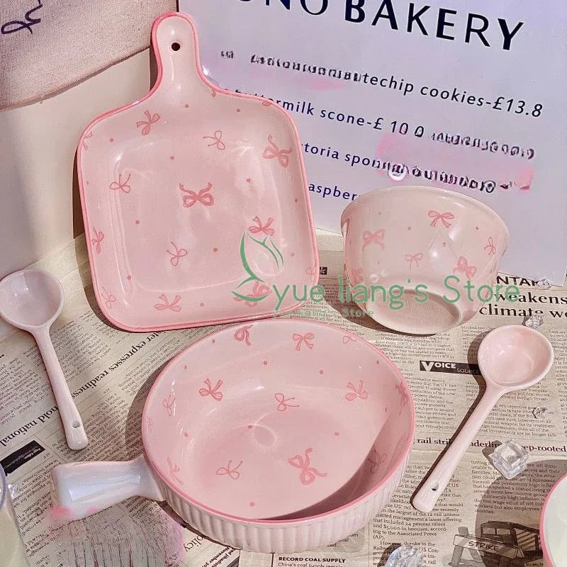 Pink Bow Ceramic Cutlery Set, Dessert Home Tableware Ceramic Handle Bowl Yogurt Cup High Value Breakfast Plate Drinkware