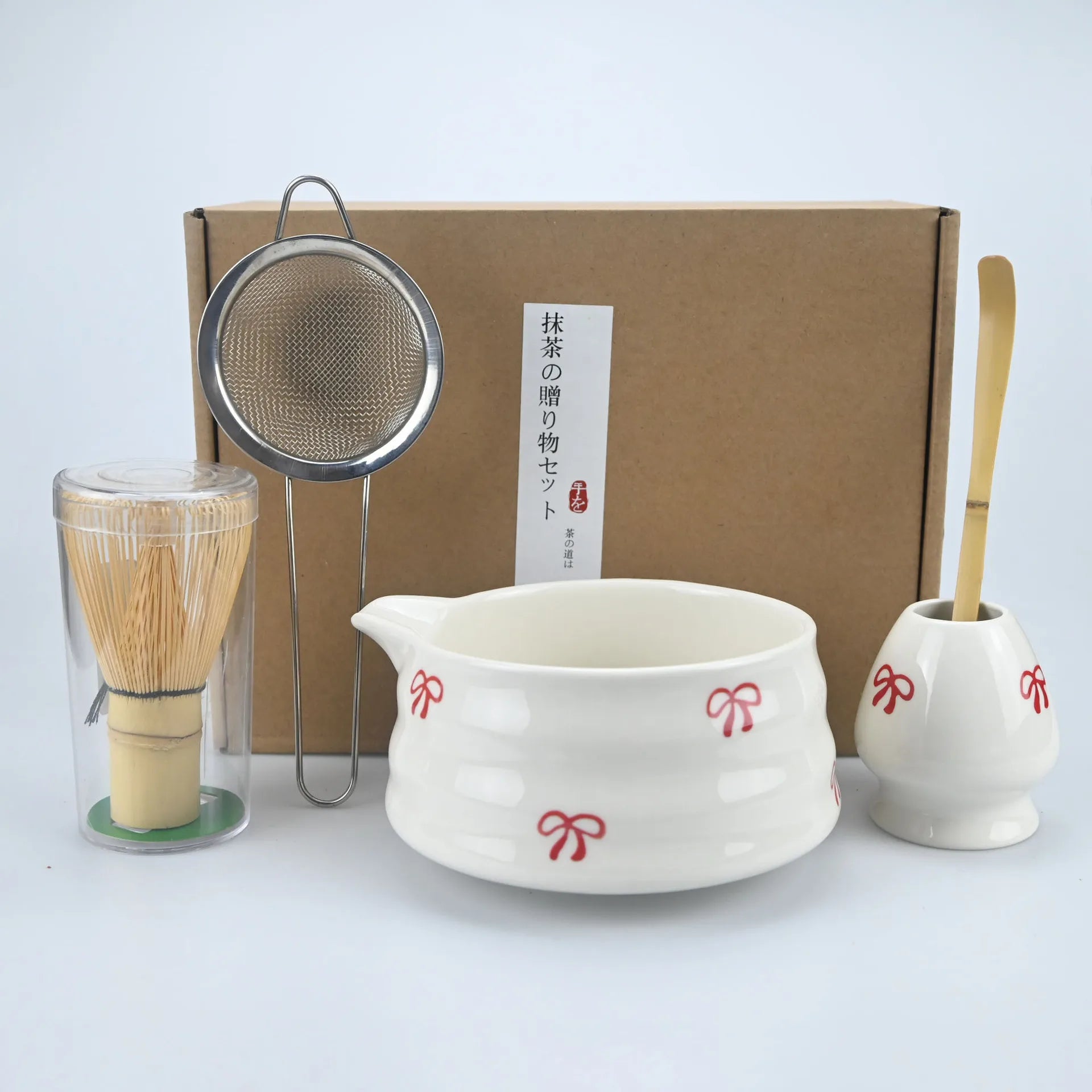 5 pieces of white bow decal ceramic matcha set, matcha set includes matcha bowl, matcha mixer and holder, bamboo spoon, sieve