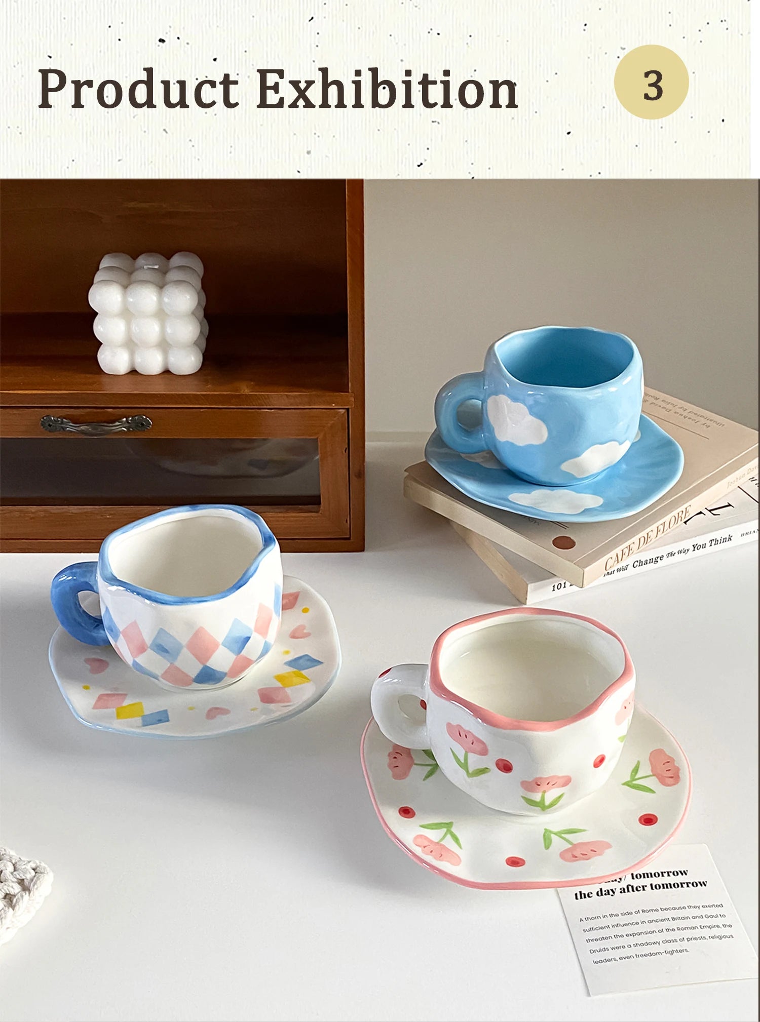 1Pc280Ml Original Design Scandinavian Style Hand-Kneaded Ceramic Coffee Cup and Saucer Multi-Color Plaid Heart Blue Sky and White Clouds Flower Mug Suitable for Afternoon Tea Milk Cup and Saucer Latte Cup Dessert Plate Cup an