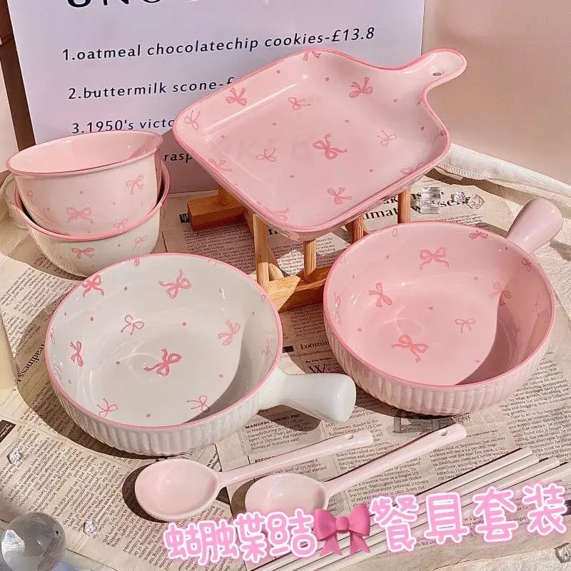 Pink Bow Ceramic Cutlery Set, Dessert Home Tableware Ceramic Handle Bowl Yogurt Cup High Value Breakfast Plate Drinkware