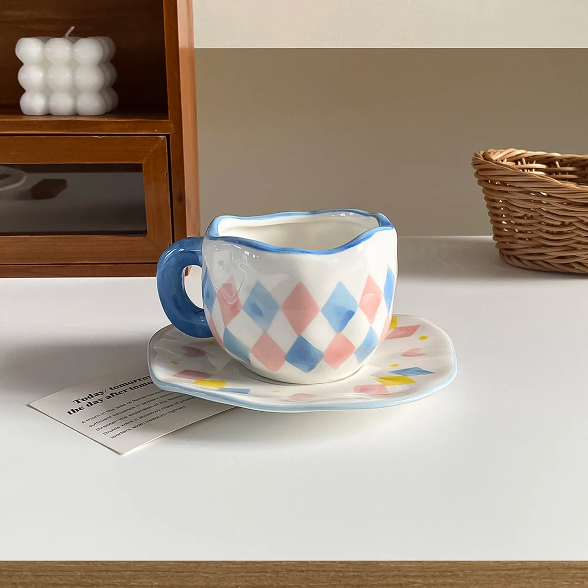1Pc280Ml Original Design Scandinavian Style Hand-Kneaded Ceramic Coffee Cup and Saucer Multi-Color Plaid Heart Blue Sky and White Clouds Flower Mug Suitable for Afternoon Tea Milk Cup and Saucer Latte Cup Dessert Plate Cup an