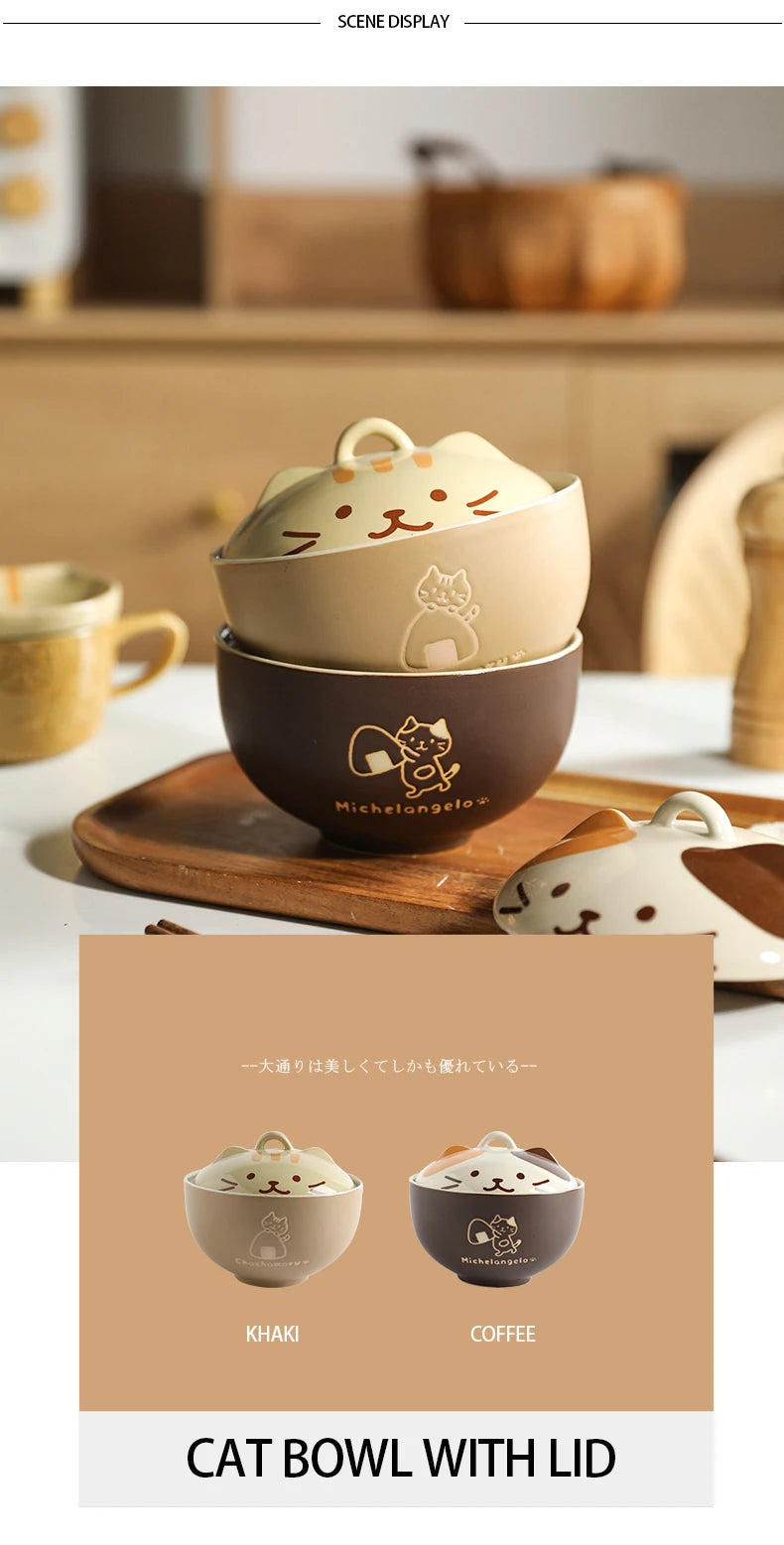 Japanese Cute Cat Cover Bowl Ceramic Soup Bowl Kawaii Instant Noodle Ramen Salad Baby Bowls Child Cartoon Decorative Dinnerware