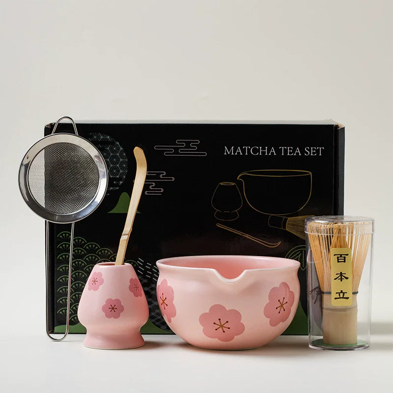 5PCS Flowers Pink Ceramic Bowl Matcha Tea Set Gift Box Safe Bamboo Brush Teaspoon Whisk Holder Matcha DIY-Making Tools 