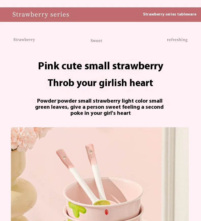 Cute Strawberry Ceramic Bowl Set For Home Use High Aesthetic Instant Noodles Salad Dessert Dining Tableware Kitchen Supplies