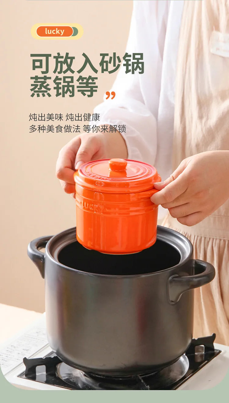 Double Lid Ceramic Bowl,Bird's Nest Steamed Egg Bowl Dessert Cup Stockpot for Boiling, Simmer Cooking Pot Kitchen Cooking Tools