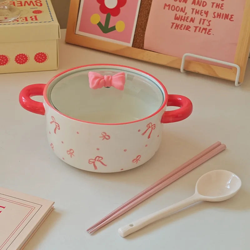 3Pcs Bow Ceramic Instant Noodle Bowl with Lid, High-Looking Double-Ear Instant Noodle Bowl with Lid and Large Capacity, Pink Girly Heart Ceramic Bowl for Home Daily Use, Party, Office Instant Noodle Bowl, Outdoor Camping Styl