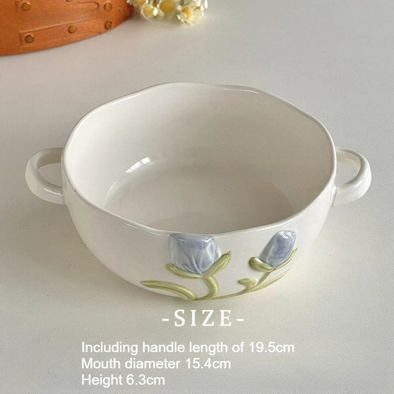 Cute Binaural Bowl Household Tableware with High Aesthetic Value Rice Bowl Ceramic Dessert Yogurt Salad Bowl