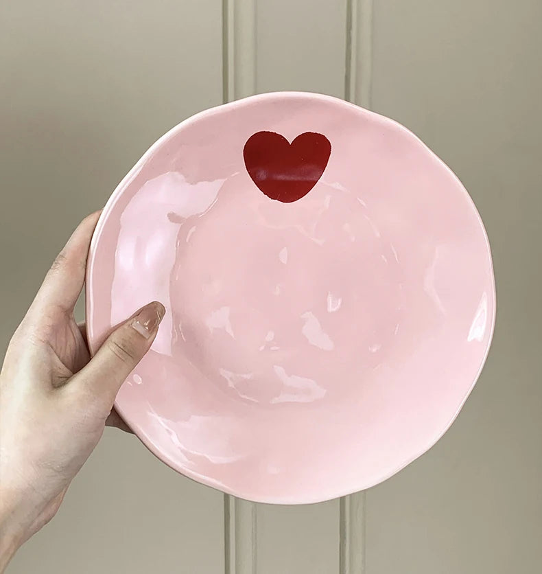 Salad Bowl Pink Heart Pattern Ceramic Plate Coffee Cup Children Dessert Bowl Household Cute Dinner Plates Restaurant Tableware