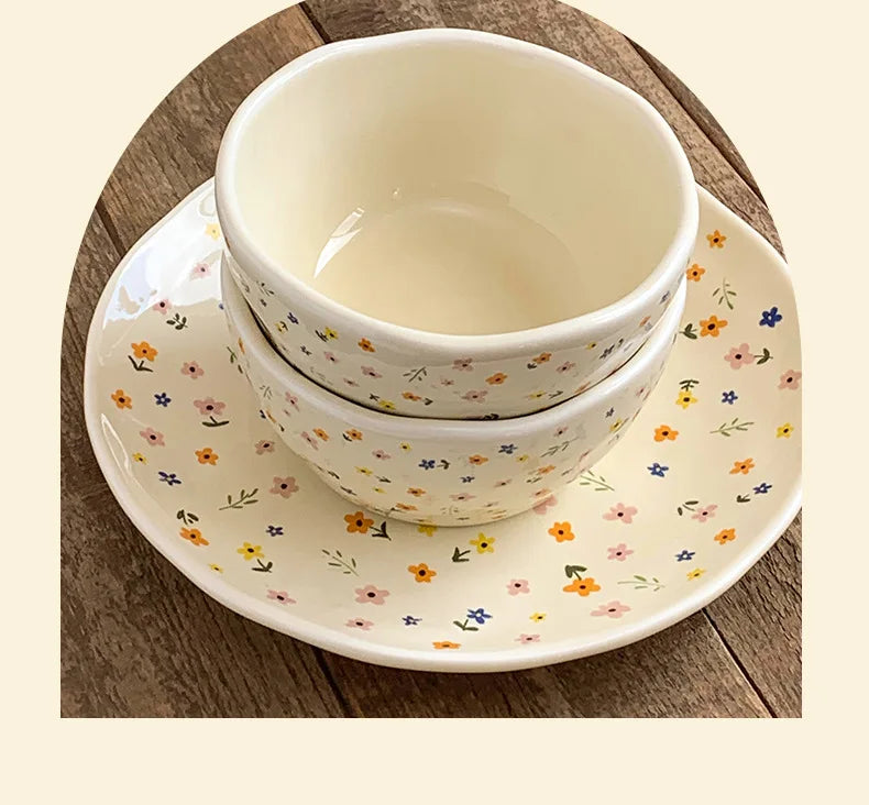 Korean Ceramic Bowl Dish with Fresh Flower Design INS Style High Appearance Level Home Domestic Rice Dish Fruit Salad Bowl