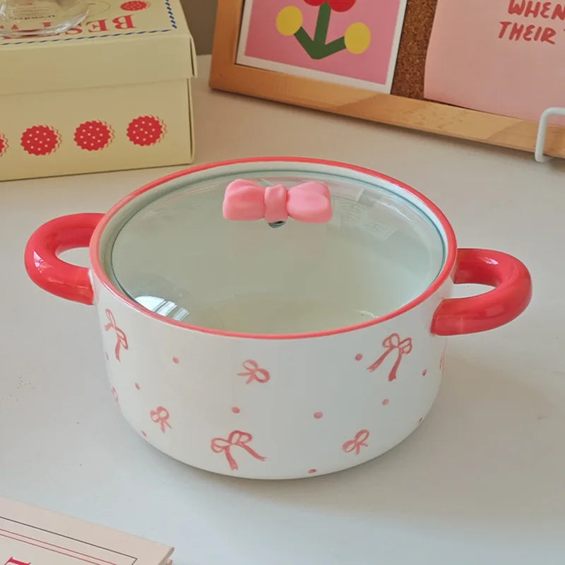 3Pcs Bow Ceramic Instant Noodle Bowl with Lid, High-Looking Double-Ear Instant Noodle Bowl with Lid and Large Capacity, Pink Girly Heart Ceramic Bowl for Home Daily Use, Party, Office Instant Noodle Bowl, Outdoor Camping Styl