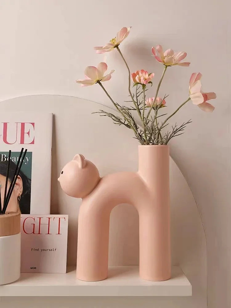 Ceramic Flower Vase H-shaped Cute Tubular Kawaii Cat Vase Room Home Desktop Decoration Room Decor Art Ornament Gift Flowerpot