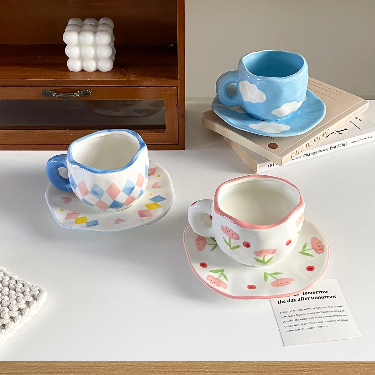 1Pc280Ml Original Design Scandinavian Style Hand-Kneaded Ceramic Coffee Cup and Saucer Multi-Color Plaid Heart Blue Sky and White Clouds Flower Mug Suitable for Afternoon Tea Milk Cup and Saucer Latte Cup Dessert Plate Cup an