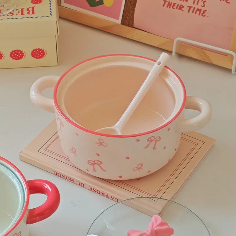 3Pcs Bow Ceramic Instant Noodle Bowl with Lid, High-Looking Double-Ear Instant Noodle Bowl with Lid and Large Capacity, Pink Girly Heart Ceramic Bowl for Home Daily Use, Party, Office Instant Noodle Bowl, Outdoor Camping Styl