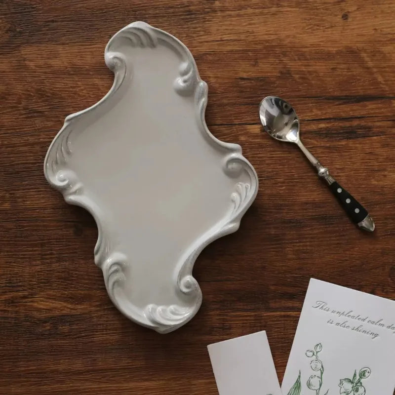 Vintage lace handmade ceramic tray, dining plate, creative bathroom, bedroom jewelry, aromatherapy tray, jewelry dish