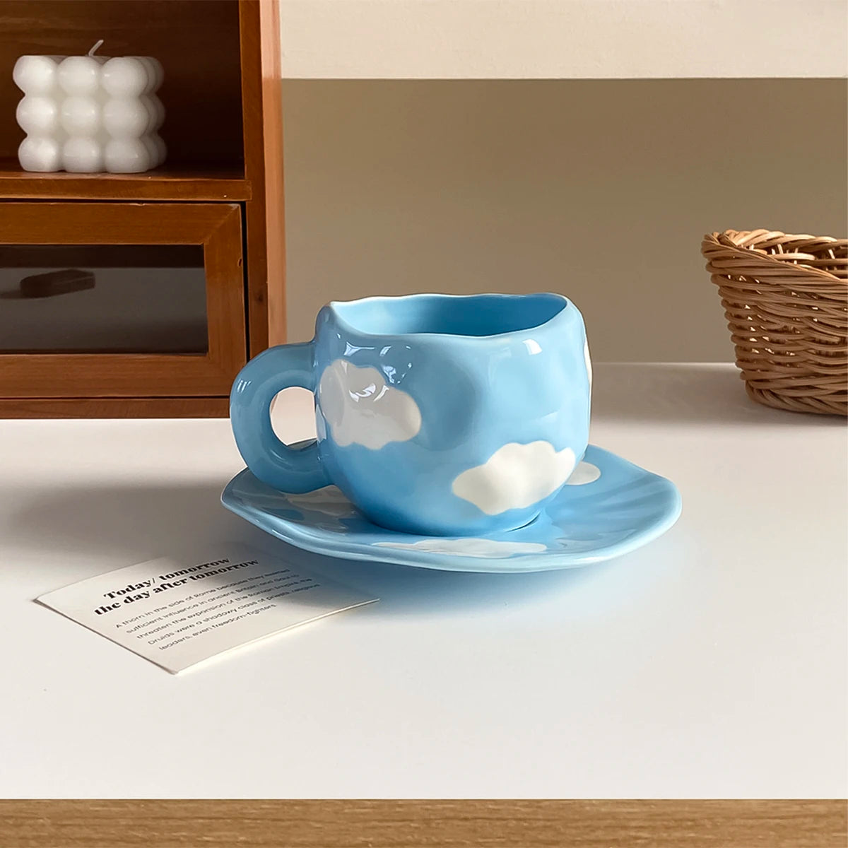 1Pc280Ml Original Design Scandinavian Style Hand-Kneaded Ceramic Coffee Cup and Saucer Multi-Color Plaid Heart Blue Sky and White Clouds Flower Mug Suitable for Afternoon Tea Milk Cup and Saucer Latte Cup Dessert Plate Cup an