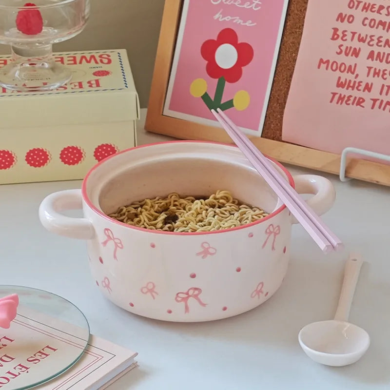 3Pcs Bow Ceramic Instant Noodle Bowl with Lid, High-Looking Double-Ear Instant Noodle Bowl with Lid and Large Capacity, Pink Girly Heart Ceramic Bowl for Home Daily Use, Party, Office Instant Noodle Bowl, Outdoor Camping Styl