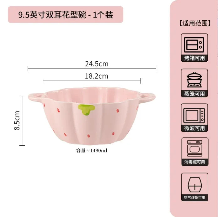 Cute Strawberry Ceramic Bowl Set For Home Use High Aesthetic Instant Noodles Salad Dessert Dining Tableware Kitchen Supplies