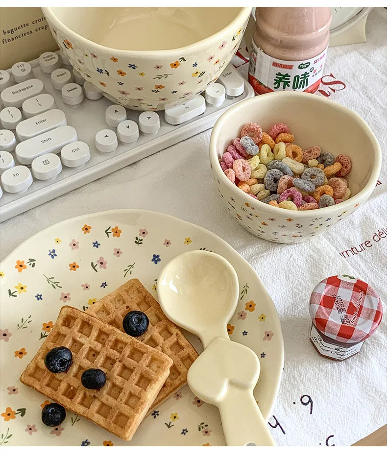 Korean Ceramic Bowl Dish with Fresh Flower Design INS Style High Appearance Level Home Domestic Rice Dish Fruit Salad Bowl