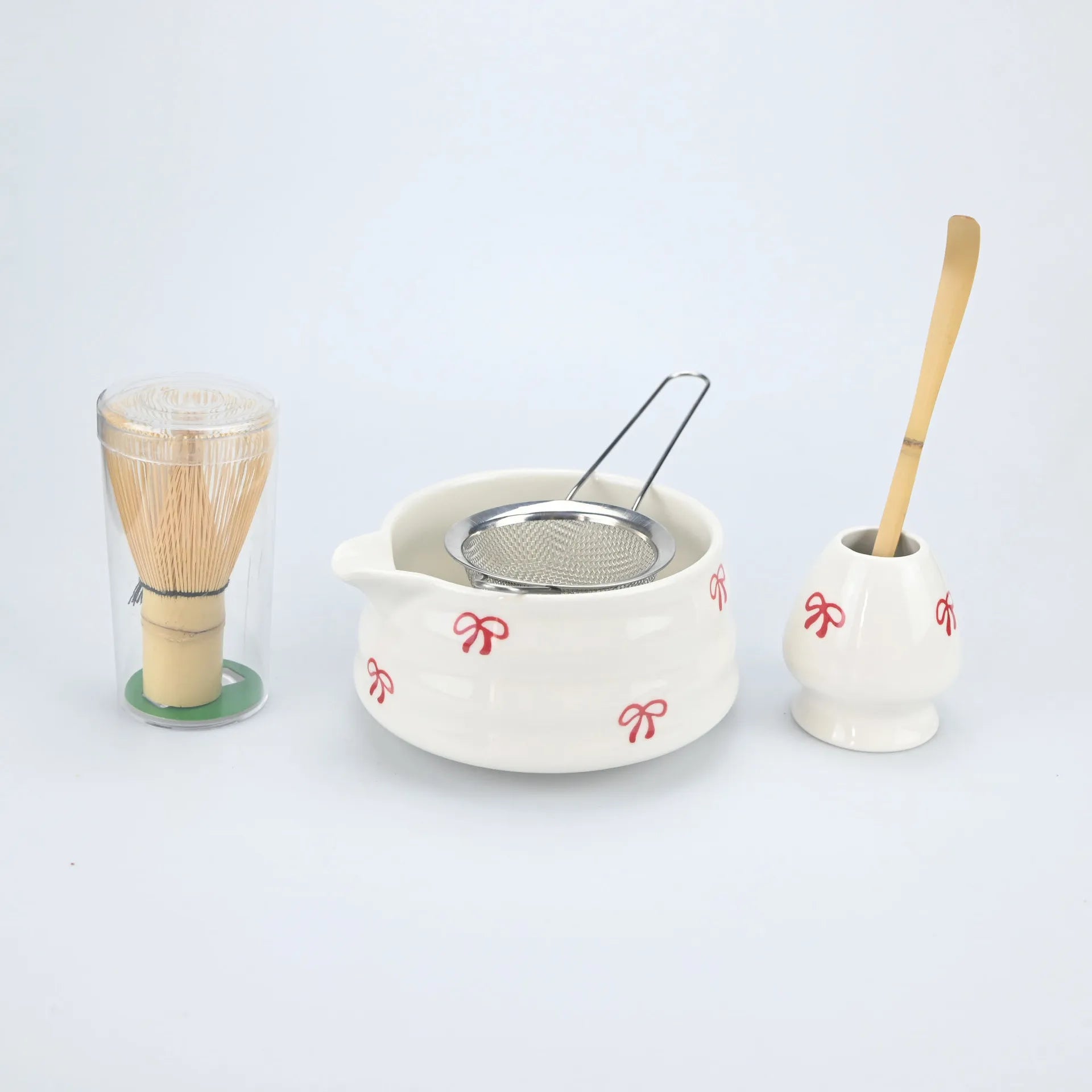 5 pieces of white bow decal ceramic matcha set, matcha set includes matcha bowl, matcha mixer and holder, bamboo spoon, sieve