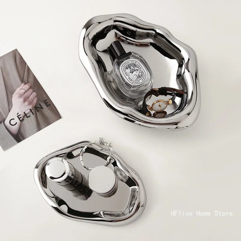 Nordic Silver Plated Ceramic Dish Irregular Tray Decorative Jewelry Organizer ins Creative Tray Luxury Ceramic Storage Tray