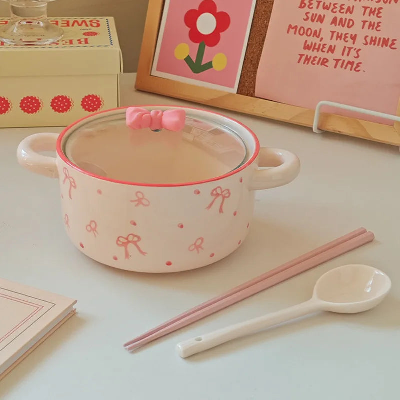 3Pcs Bow Ceramic Instant Noodle Bowl with Lid, High-Looking Double-Ear Instant Noodle Bowl with Lid and Large Capacity, Pink Girly Heart Ceramic Bowl for Home Daily Use, Party, Office Instant Noodle Bowl, Outdoor Camping Styl