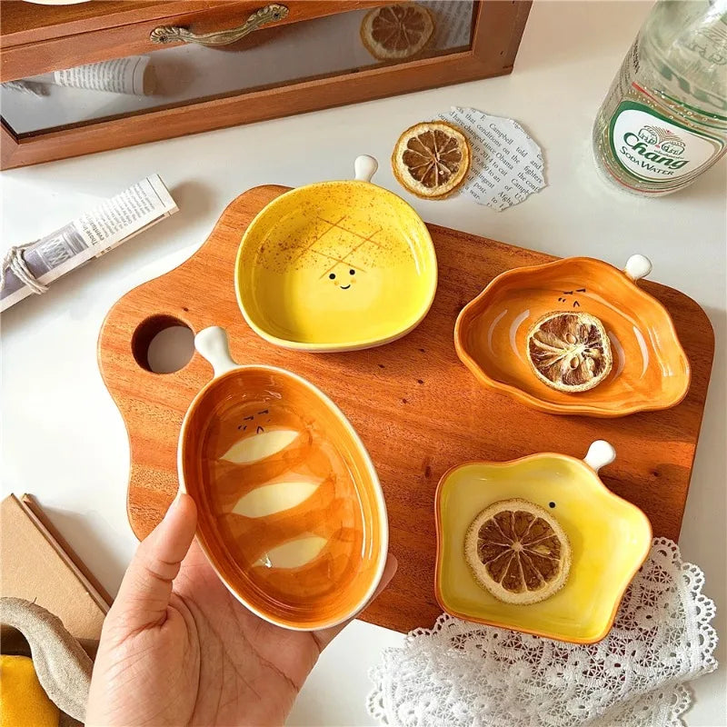 4pcs ceramic side dishes, small dipping saucers, mini small plates, cute bread shape tableware