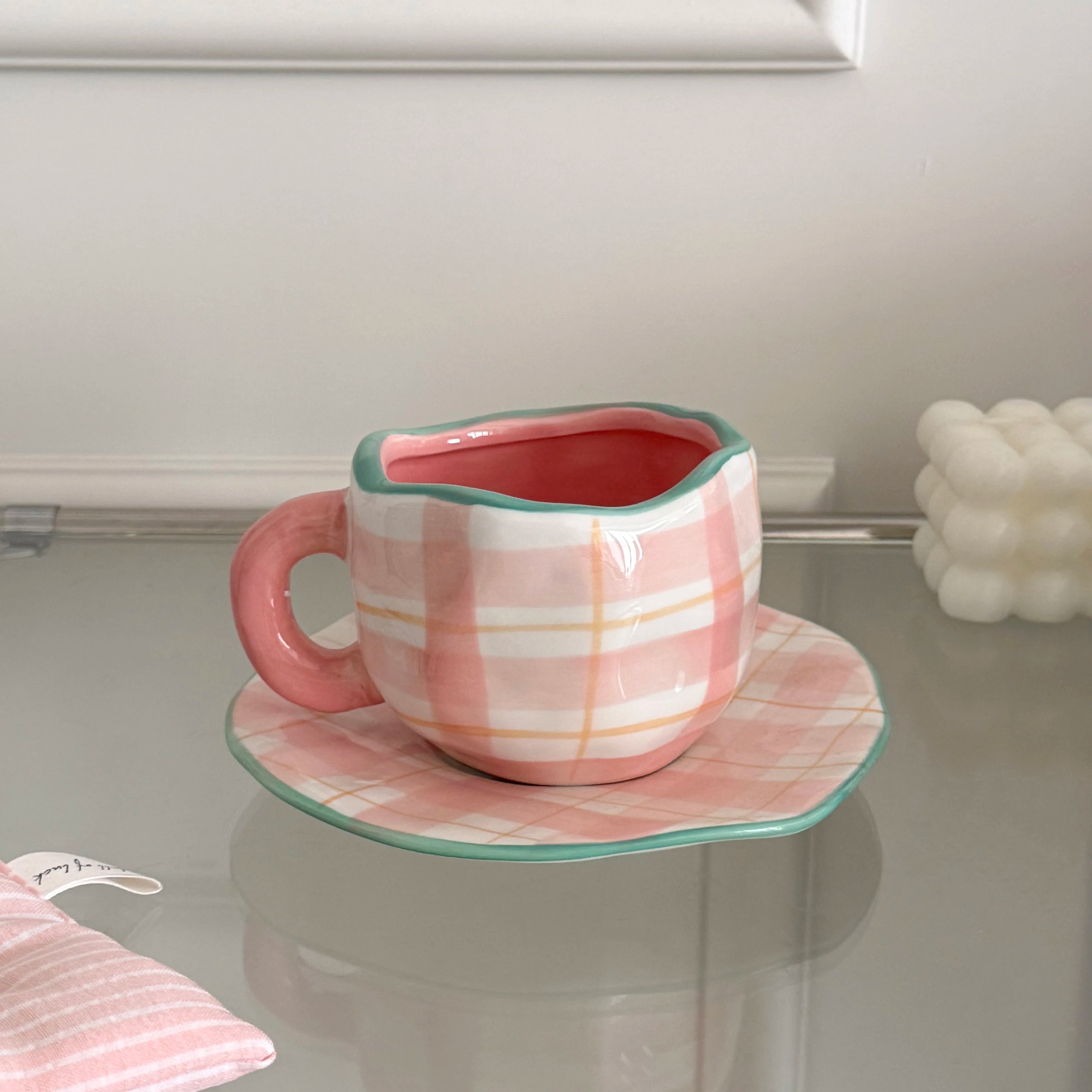 1Pc280Ml Original Design Scandinavian Style Hand-Kneaded Ceramic Coffee Cup and Saucer Multi-Color Plaid Heart Blue Sky and White Clouds Flower Mug Suitable for Afternoon Tea Milk Cup and Saucer Latte Cup Dessert Plate Cup an