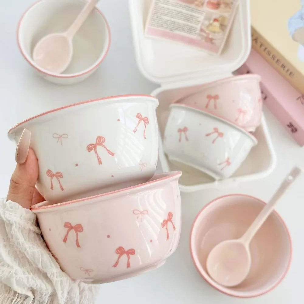 Pink Bow Rice Bowl,Ceramic Bowls Spoons Plates Underglaze Color High Value Tableware Dessert Bowl Set Unique Serving Plate