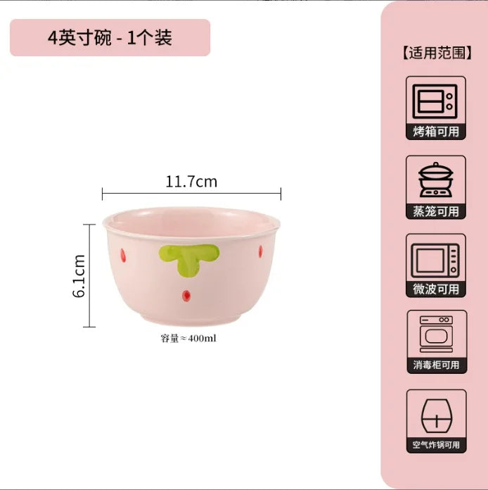 Cute Strawberry Ceramic Bowl Set For Home Use High Aesthetic Instant Noodles Salad Dessert Dining Tableware Kitchen Supplies