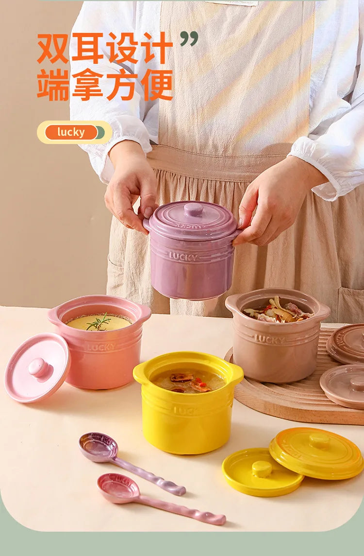 Double Lid Ceramic Bowl,Bird's Nest Steamed Egg Bowl Dessert Cup Stockpot for Boiling, Simmer Cooking Pot Kitchen Cooking Tools