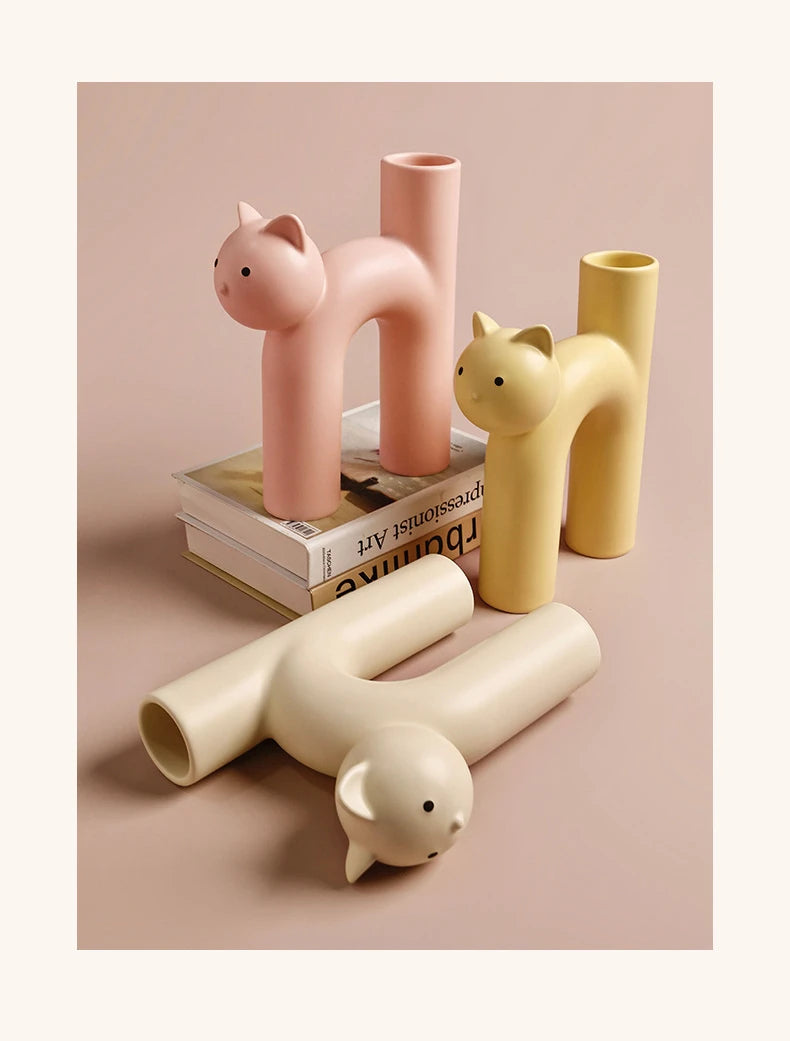 Ceramic Flower Vase H-shaped Cute Tubular Kawaii Cat Vase Room Home Desktop Decoration Room Decor Art Ornament Gift Flowerpot