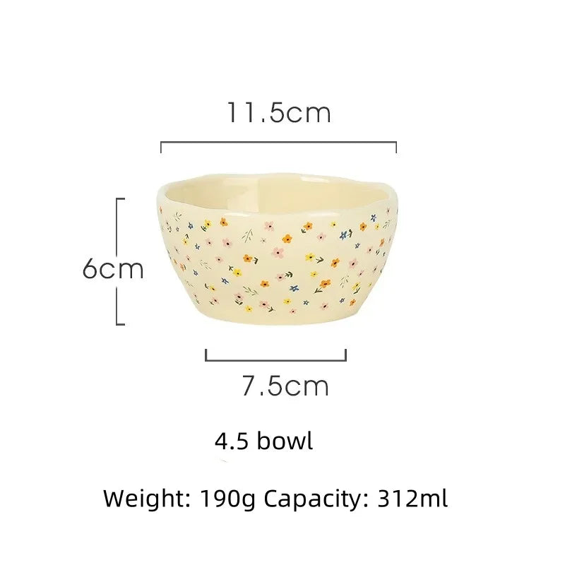 Korean Ceramic Bowl Dish with Fresh Flower Design INS Style High Appearance Level Home Domestic Rice Dish Fruit Salad Bowl