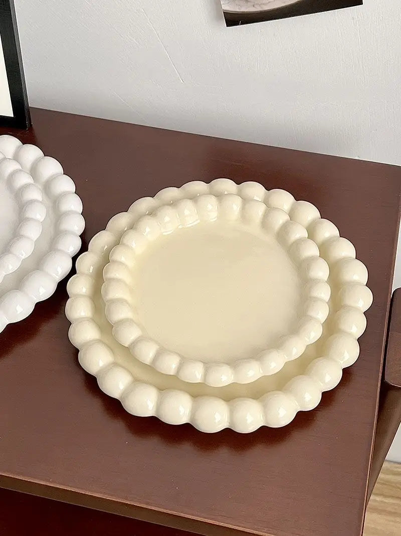 Cream Ins Ceramic Plate Bead Ordering Plate Milk Whisper Korean Wind Bead Edge Dessert Plate Breakfast Dish Home Tableware