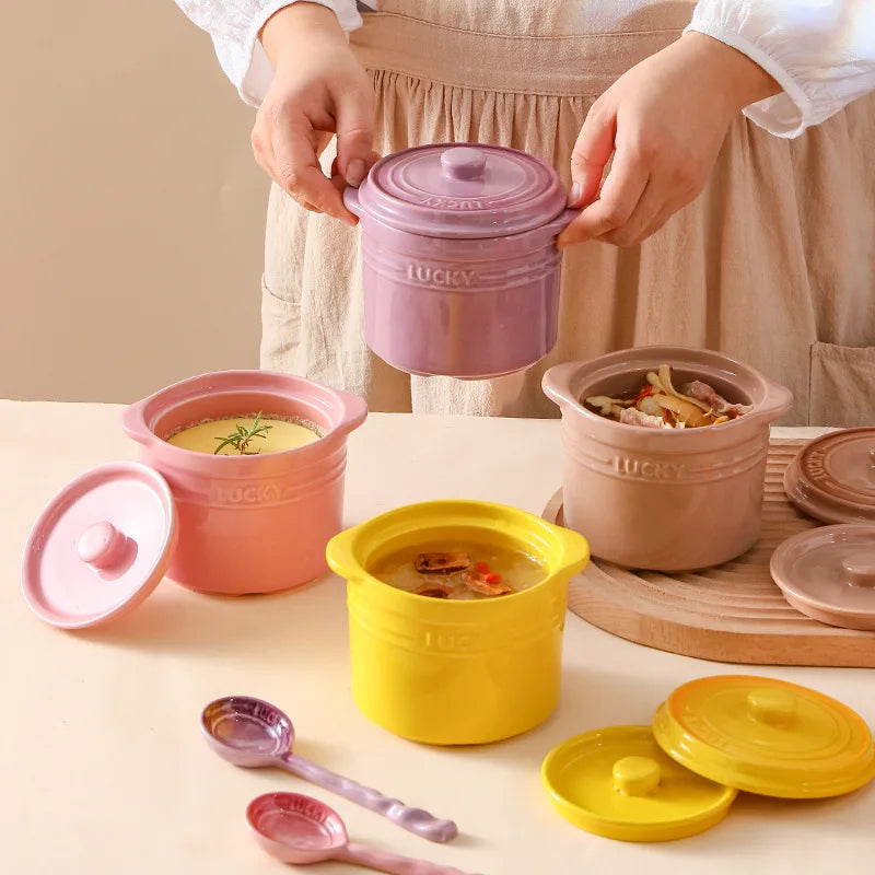 Double Lid Ceramic Bowl,Bird's Nest Steamed Egg Bowl Dessert Cup Stockpot for Boiling, Simmer Cooking Pot Kitchen Cooking Tools